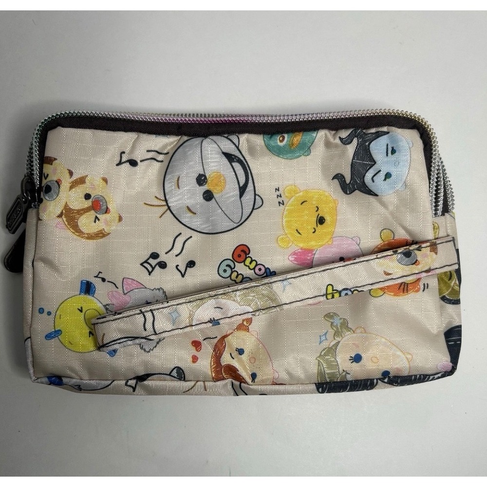 Disney Tsum Tsum 3 Zip Wristlet Pouch Hong Kong Characters Tan Makeup Bag Small